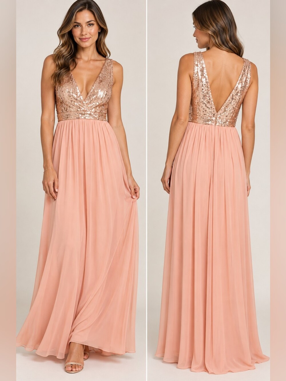 Lulus Rose Gold Sequin Chiffon Maxi Dress Formal Wedding Guest Sz M NWT Fairy